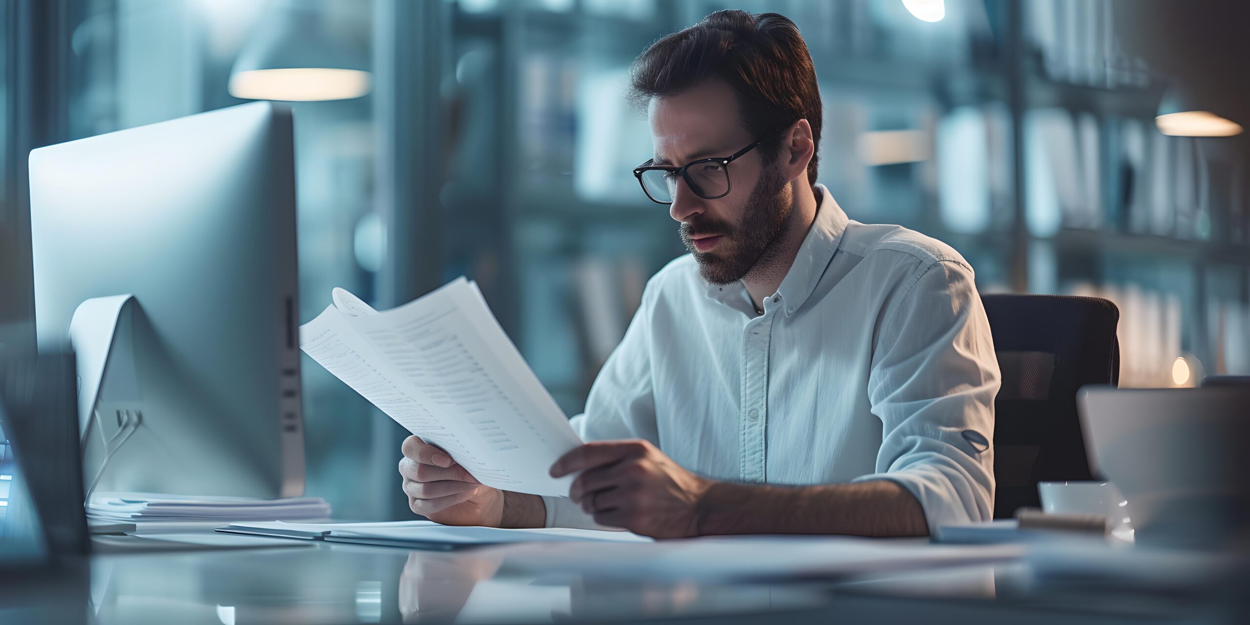 A professional carefully examining a visa refusal letter and documents