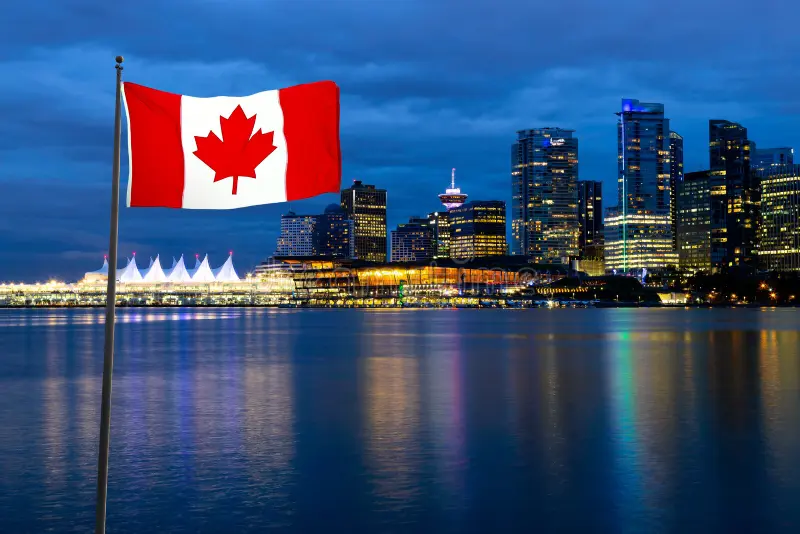 Canadian flag over Vancouver downtown skyline Canada C10 visa for Pakistani entrepreneurs