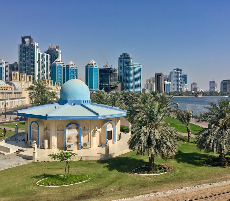 A mosque and skyline in Sharjah