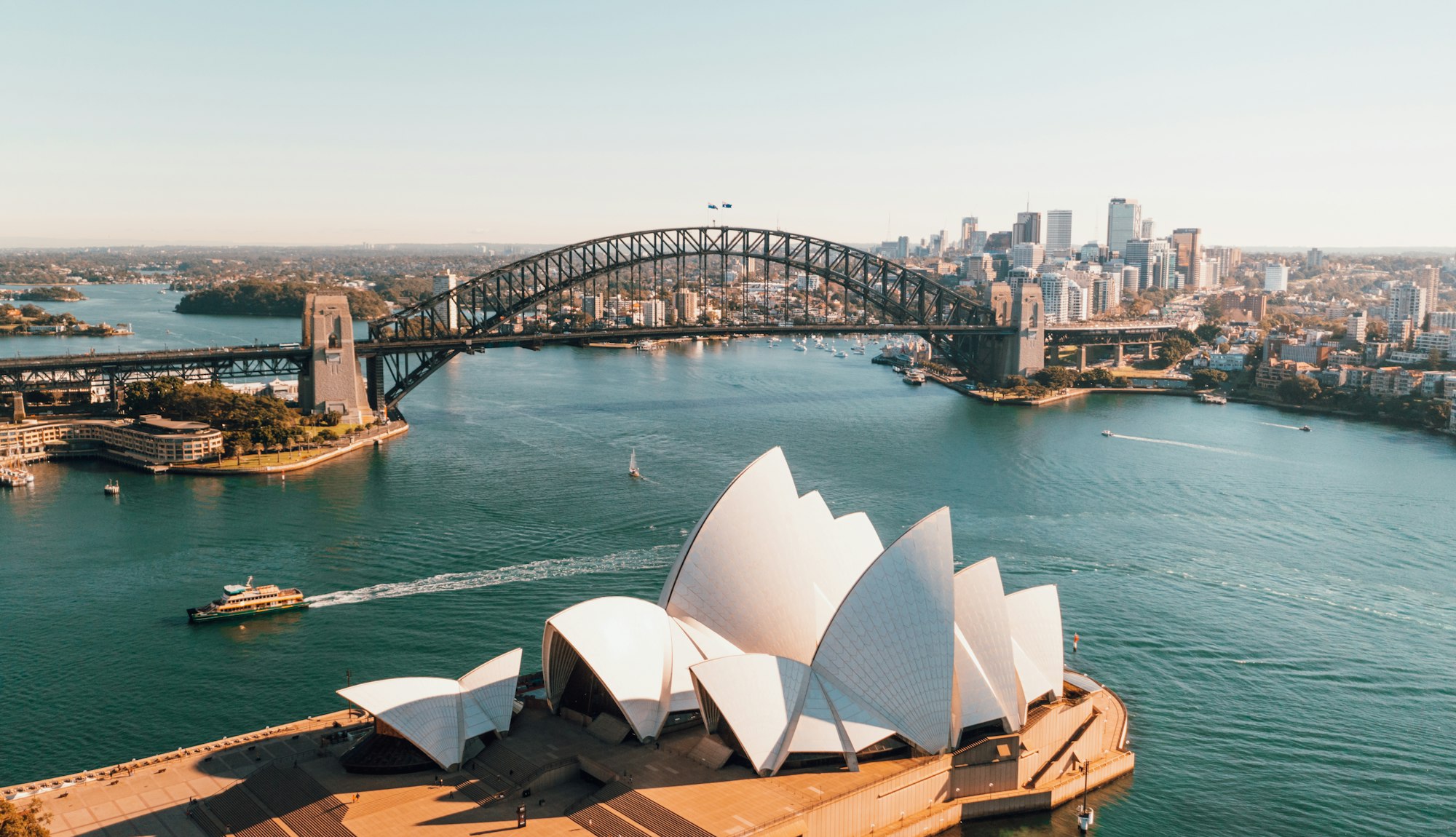 Sydney Opera House and the Harbour Bridge on a bright day