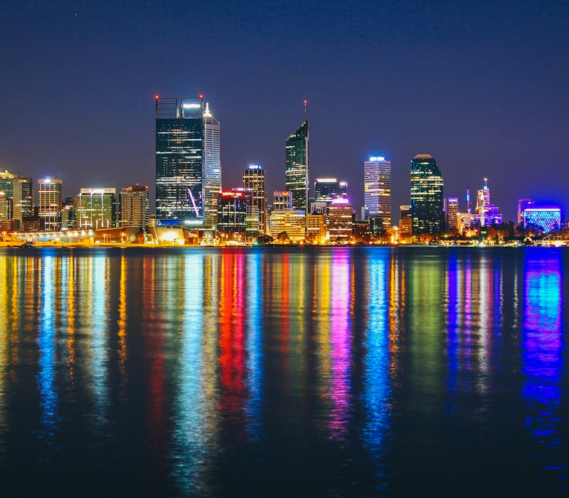 Perth city lights reflected in the Swan River at night