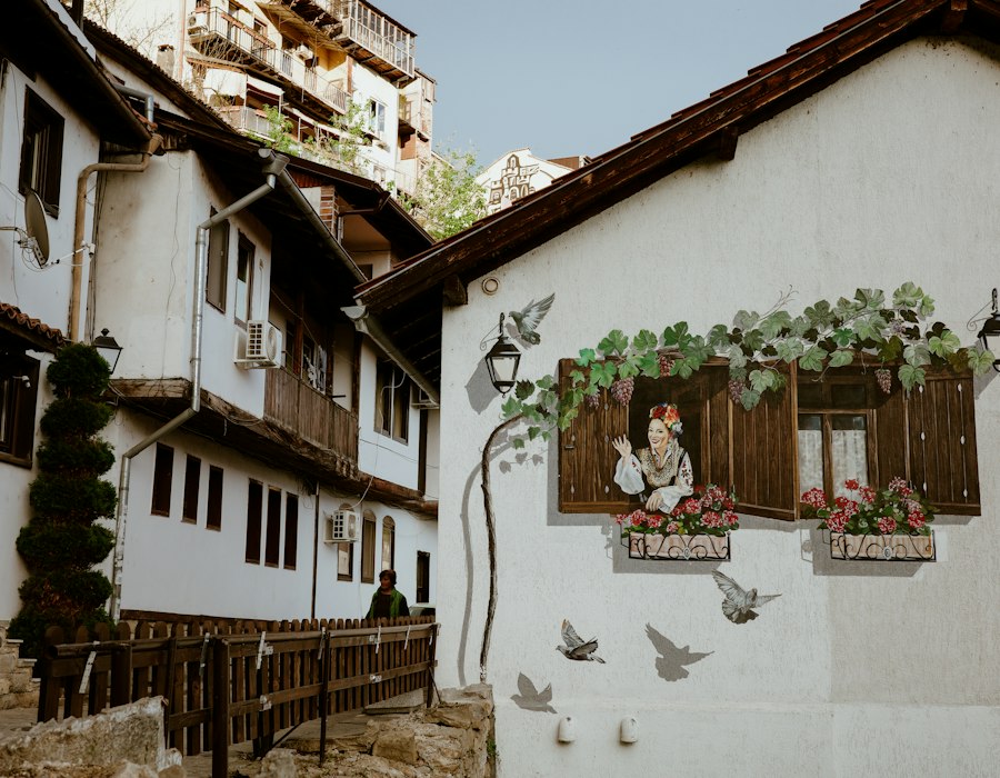 Flower filled balconies on an old house in Veliko Tarnovo
