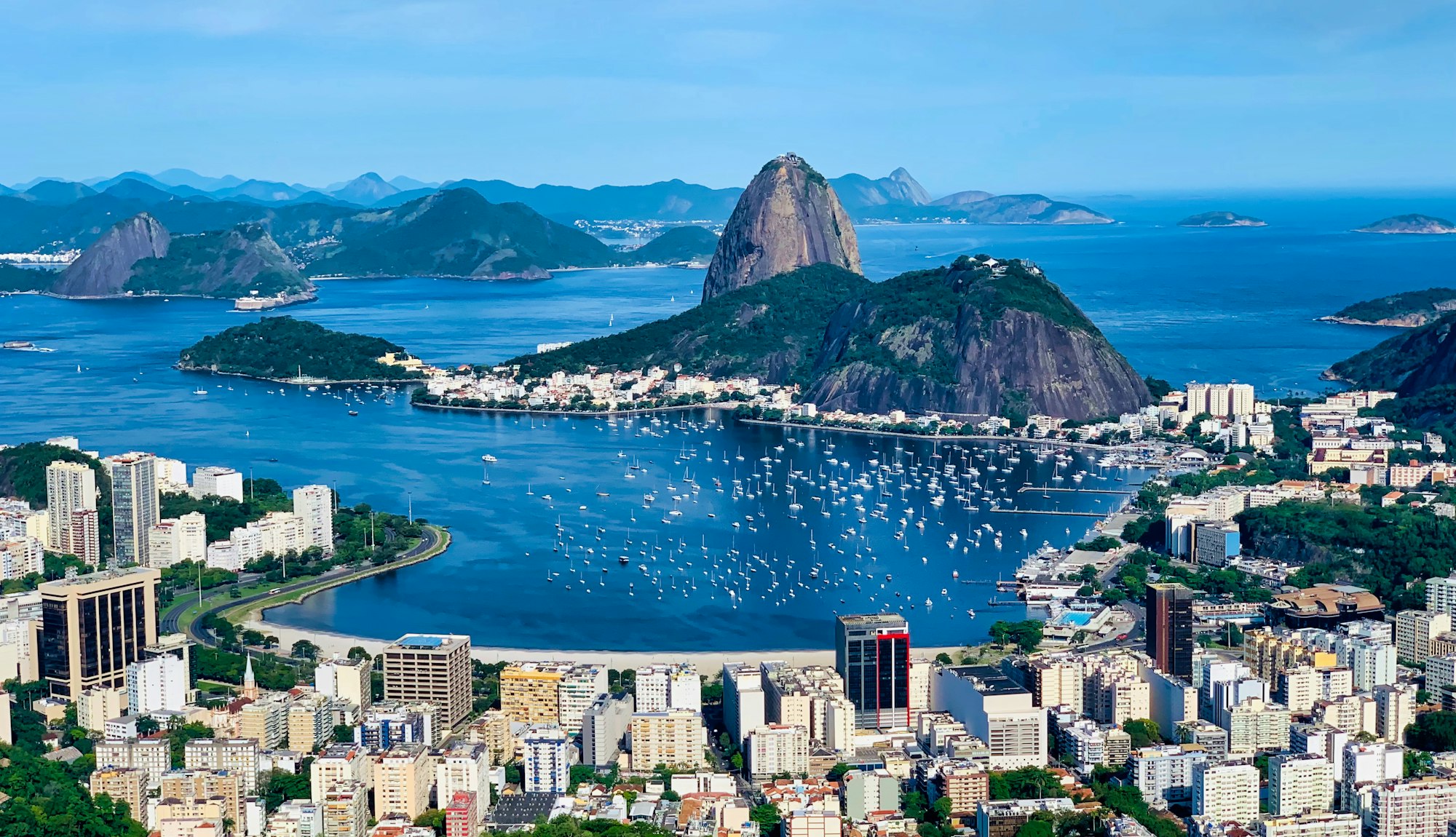 Sugarloaf Mountain and the bay of Rio de Janeiro under a blue sky