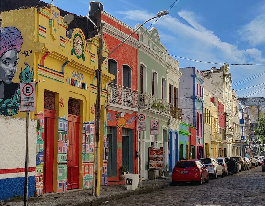 A street of brightly painted colonial houses in Brazil