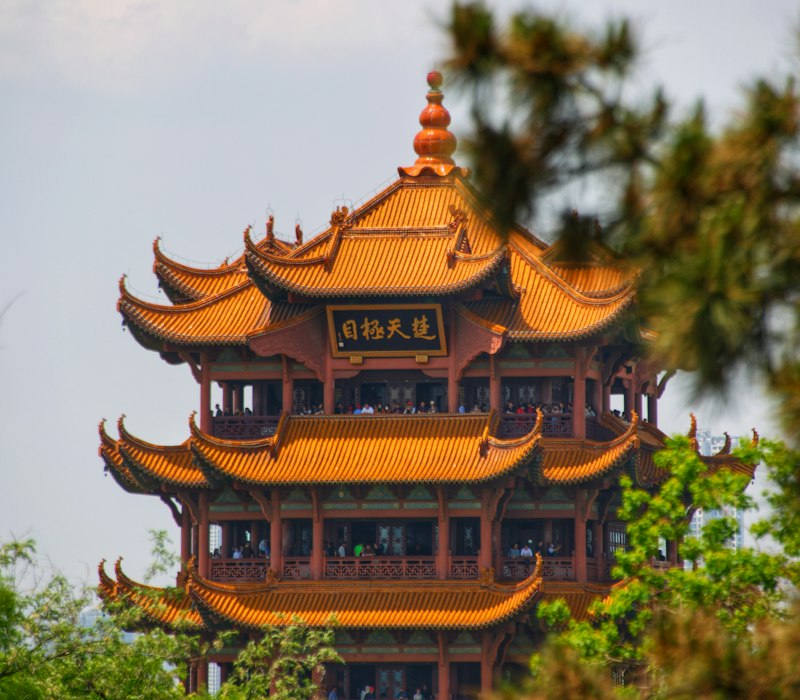 The Yellow Crane Tower in Wuhan among spring trees