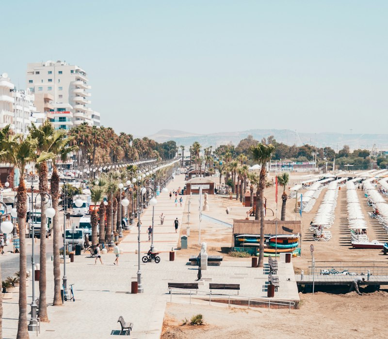 The palm lined seafront promenade in Larnaca