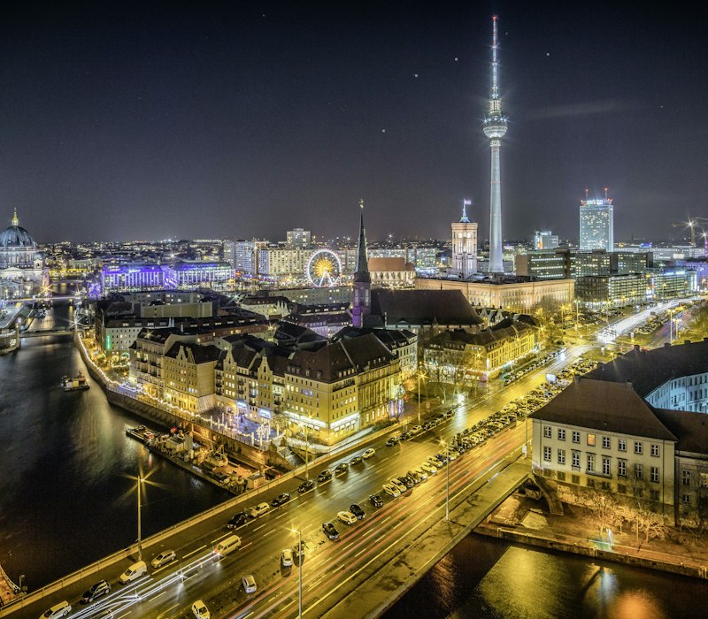 Berlin lit up at night with the TV tower
