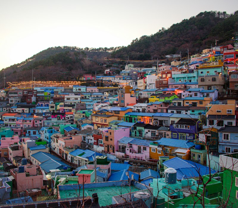 The colourful hillside houses of Gamcheon village in Busan