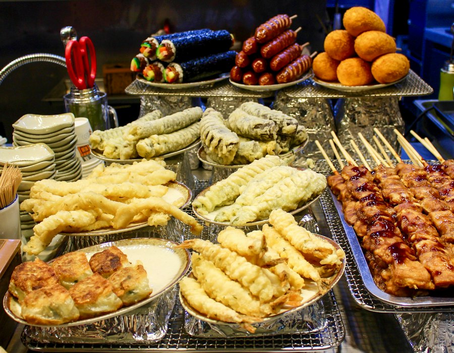 Colourful Korean street food on a market stall