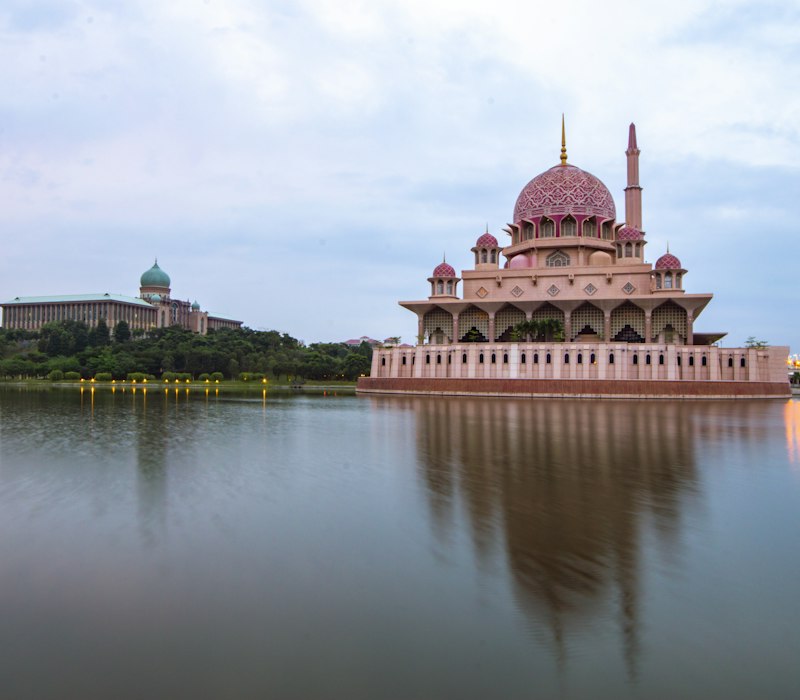 The pink Putra Mosque across the lake in Putrajaya