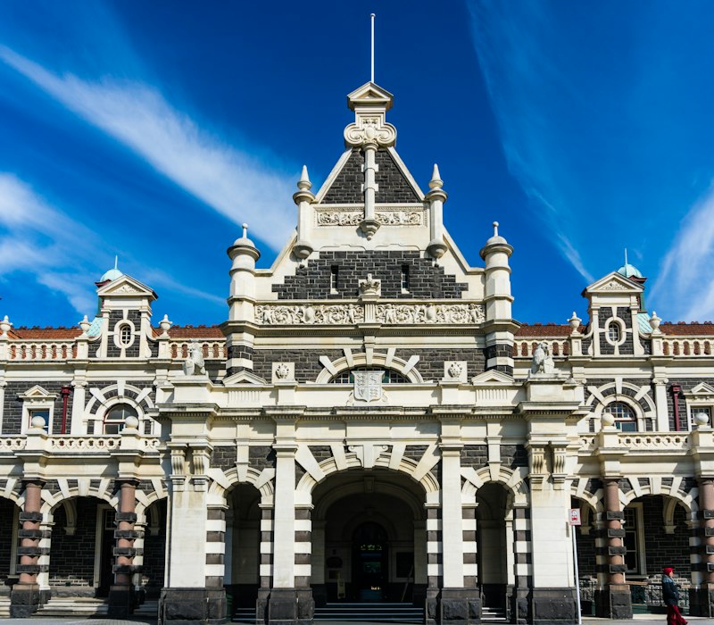 Dunedin railway station on a sunny day