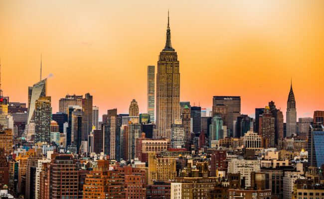 The New York skyline at sunset