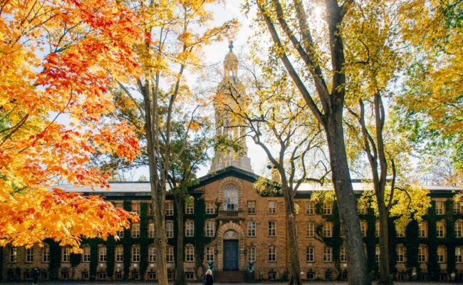 A historic American campus in autumn