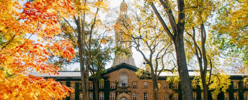 A historic American campus in autumn