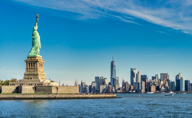 The Statue of Liberty with the New York skyline