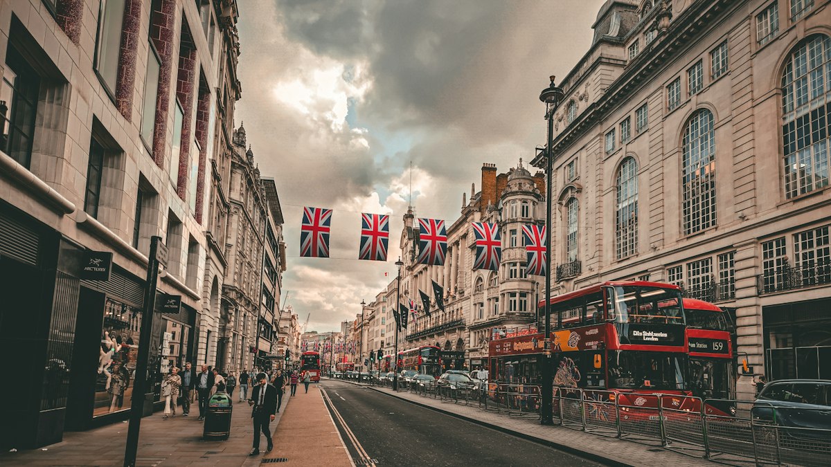 A London street decorated with flags