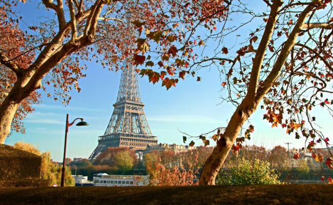 The Eiffel Tower in autumn with golden leaves
