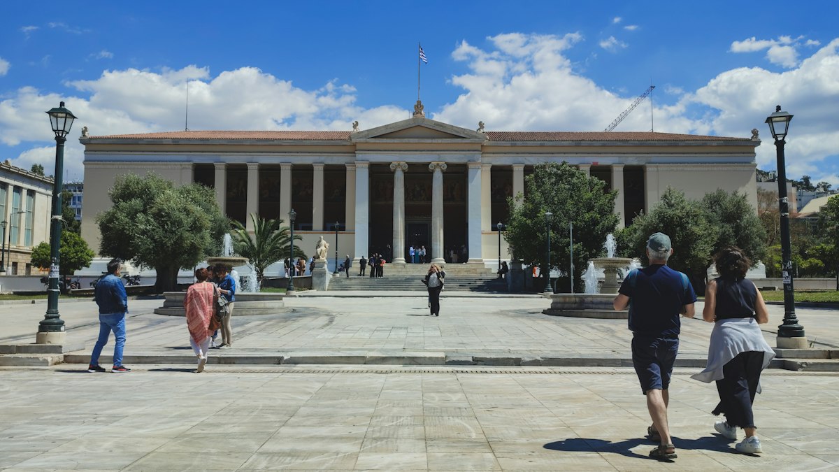 Students outside a university building in Europe