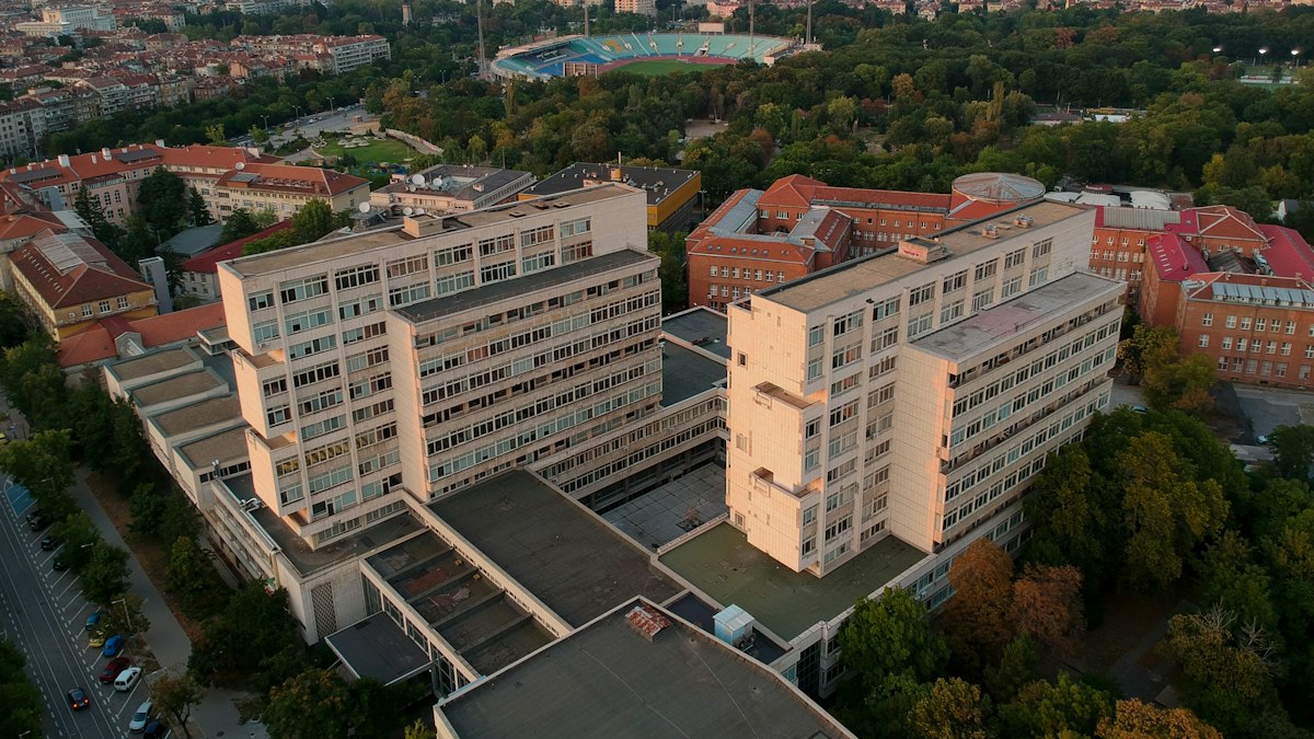 An aerial view of a university campus in Sofia