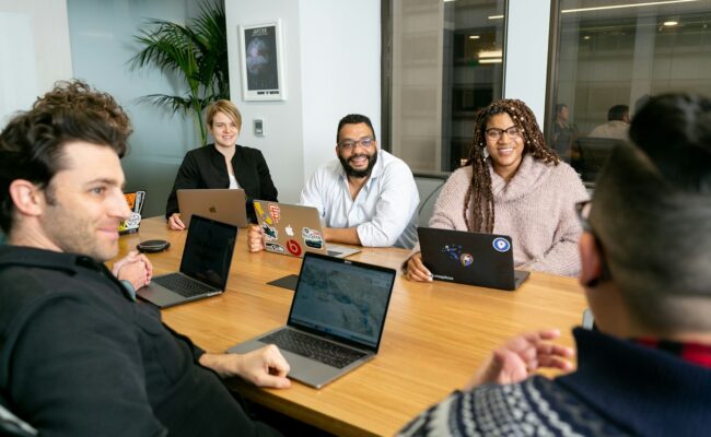 Business students working together at a table