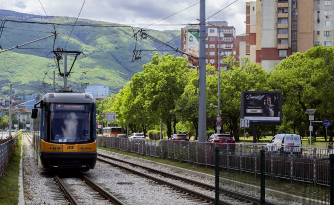 A yellow tram in the streets of Sofia