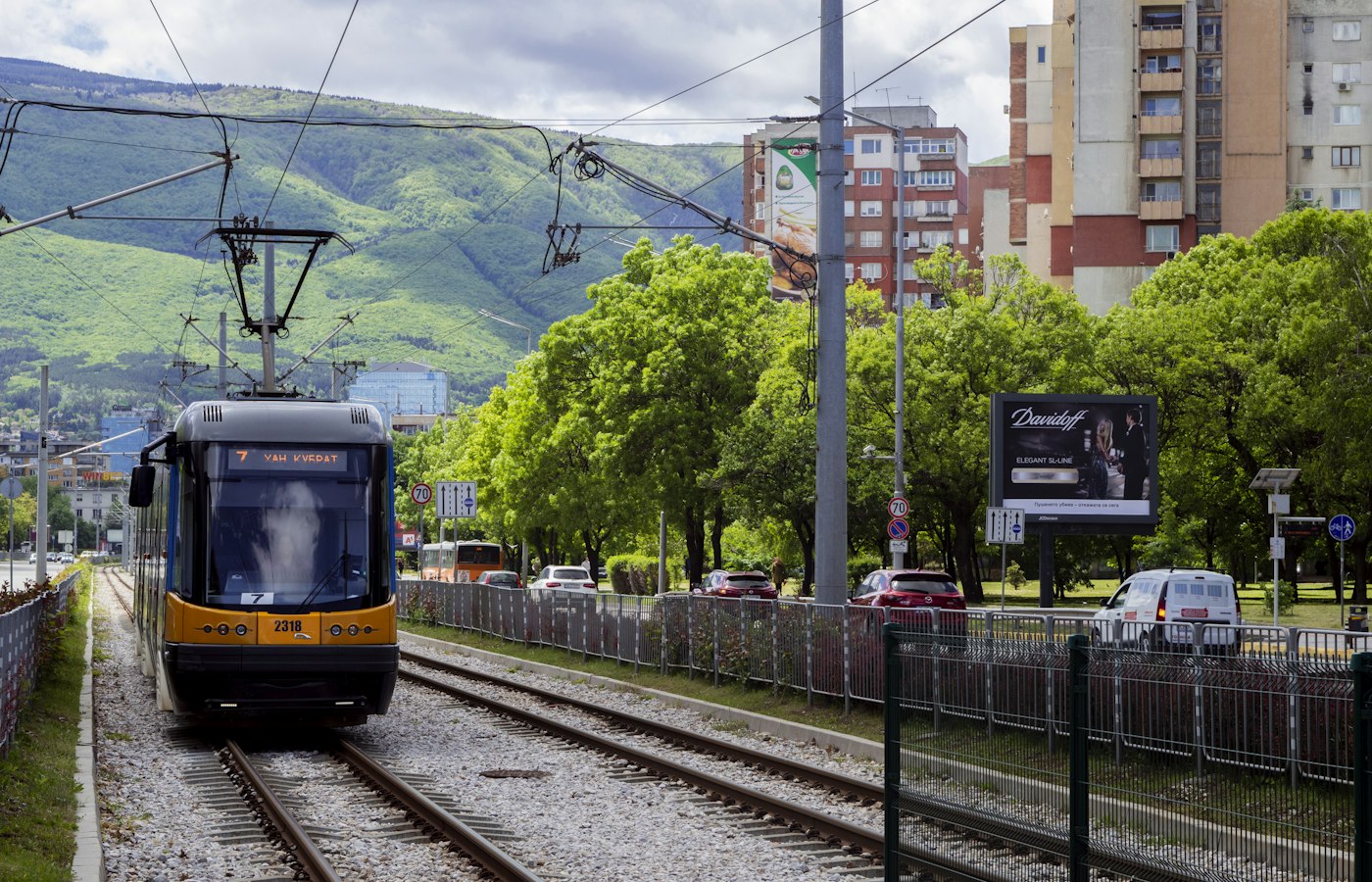 A yellow tram in the streets of Sofia