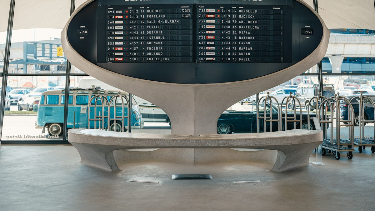An airport departures board in Europe