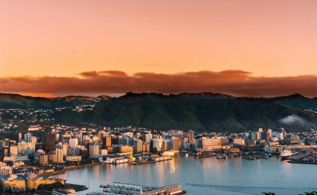 Wellington harbour and city at sunset, New Zealand