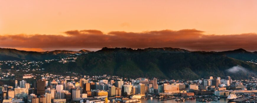 Wellington harbour and city at sunset, New Zealand