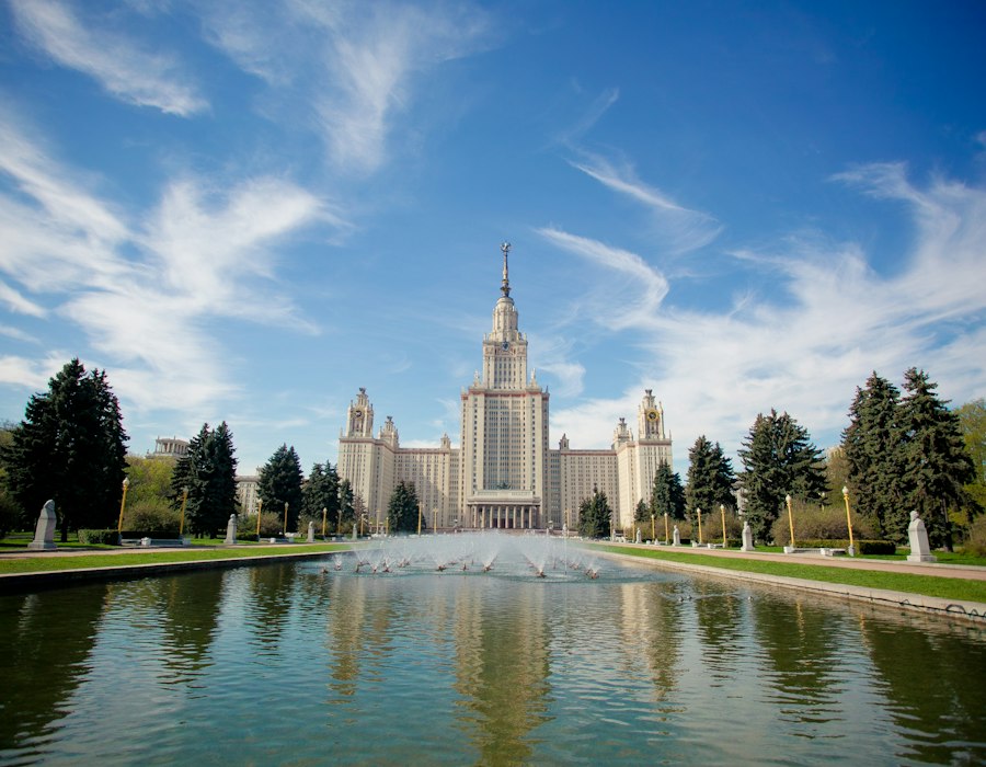 The main building of Moscow State University with its fountains