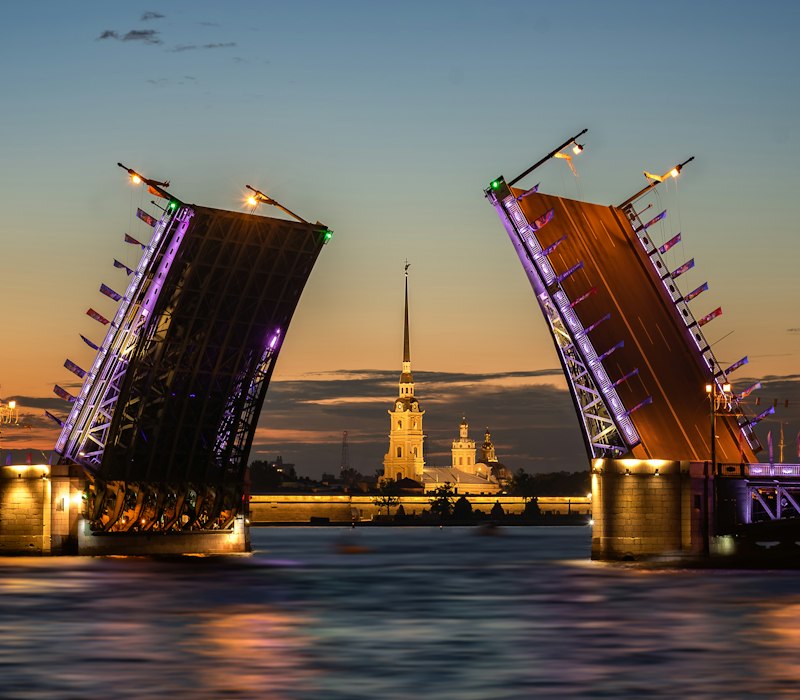 Raised bridges over the Neva in Saint Petersburg at dusk