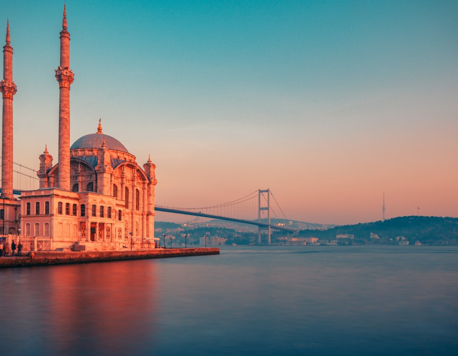 The Ortakoy mosque and Bosphorus bridge in Istanbul at dusk
