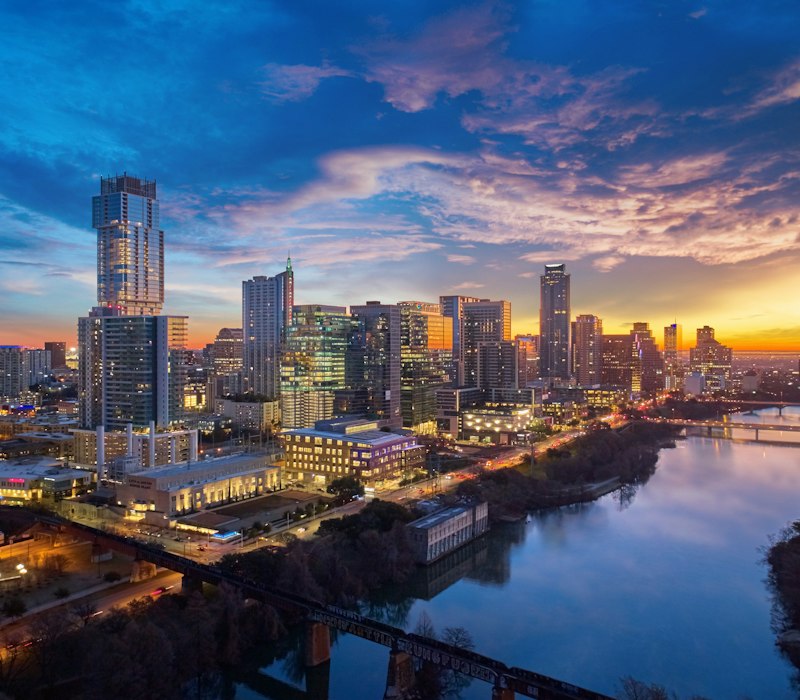 Austin skyline at sunset over the river