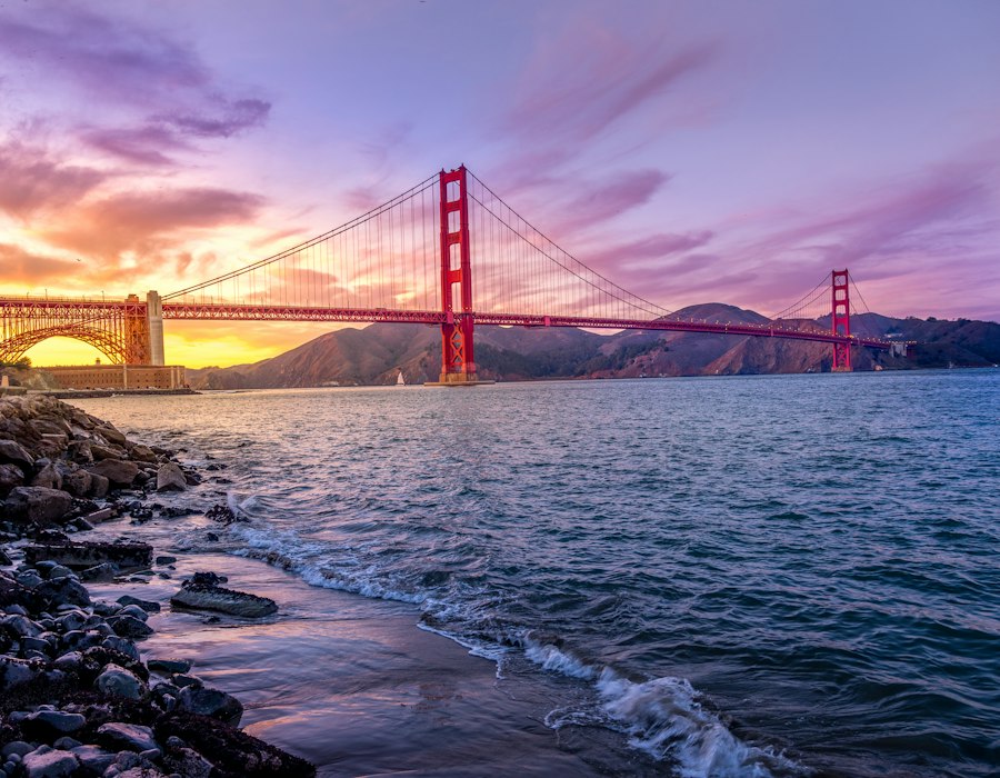 The Golden Gate Bridge at sunset in San Francisco