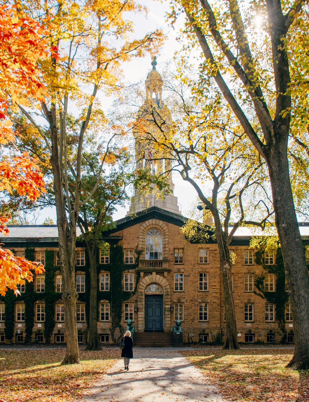 A university campus gate framed by bright autumn leaves