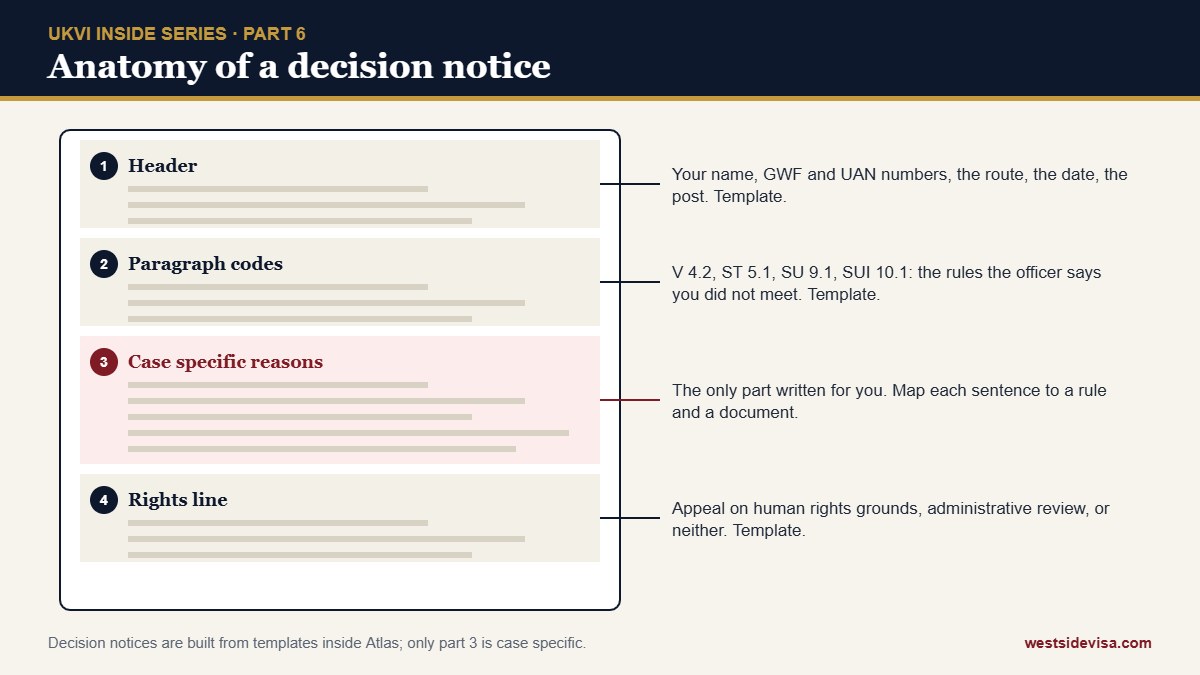 Annotated anatomy of a UK visa decision notice showing the header, the paragraph codes, the case specific reasons and the closing rights line